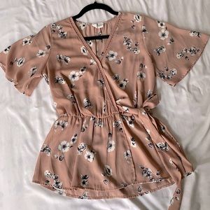 FLORAL PINK WRAP TOP BLOUSE - Size Small